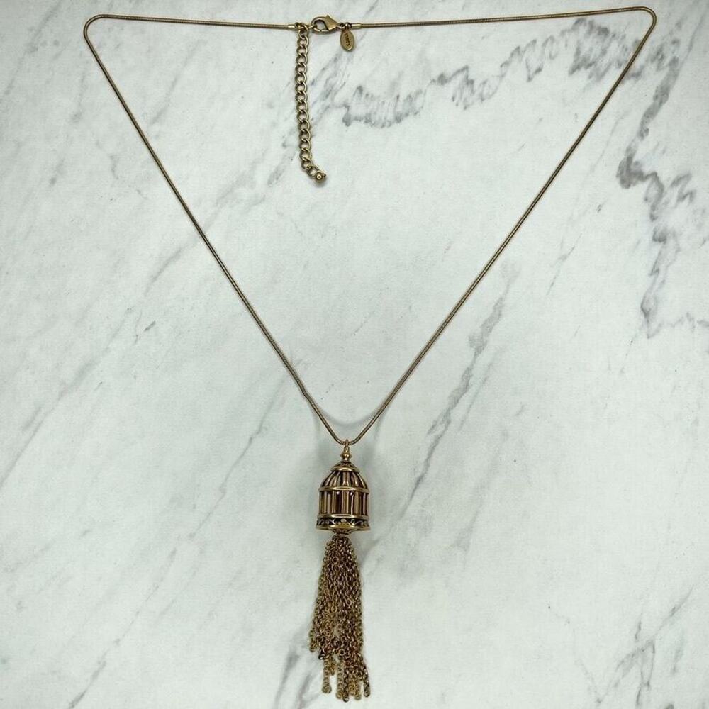 Chicos Gold Tone Coil Chain Bird Cage Tassel Pendant Necklace ✨